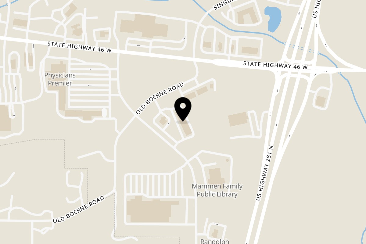 Map showing the location of 46th St. New York Style Pizzeria Bulverde Texas on 121 Bulverde Crossing in Bulverde